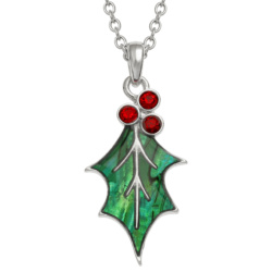 holly,necklace,pendant,paua-shell,green,leaf,berries,Christmas,festive,jewellery,jewelry