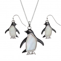 Penguins,earrings,necklace,mother-of-pearl