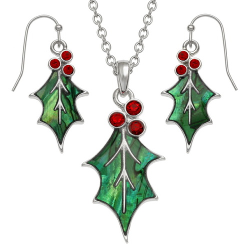 holly,necklace,earrings,jewellery-set,paua-shell,diamante,leaves,berries,leaf