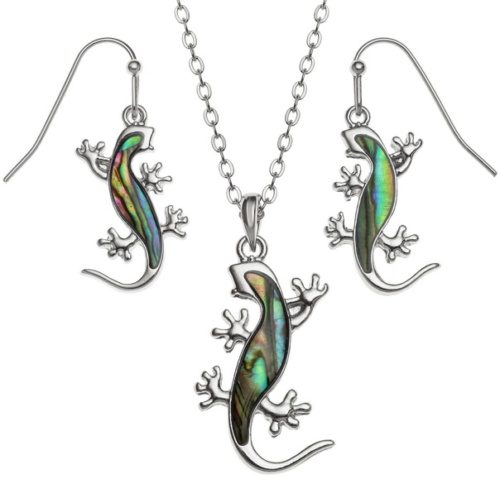 gecko, jewellery, earrings, necklace, paua-shell